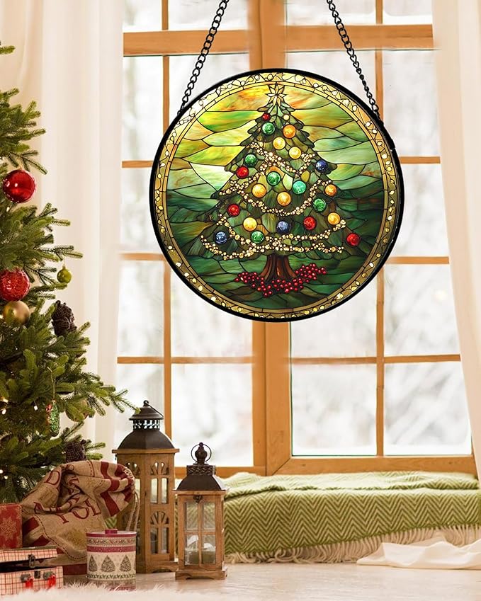 Stained Glass Window Hanging - Green Christmas Tree Gold Ribbon Suncatcher for Doors Home Christmas Decoration Sun Catcher Thanksgiving New Year Birthday Gifts for Women Men Mom Nana 15 in