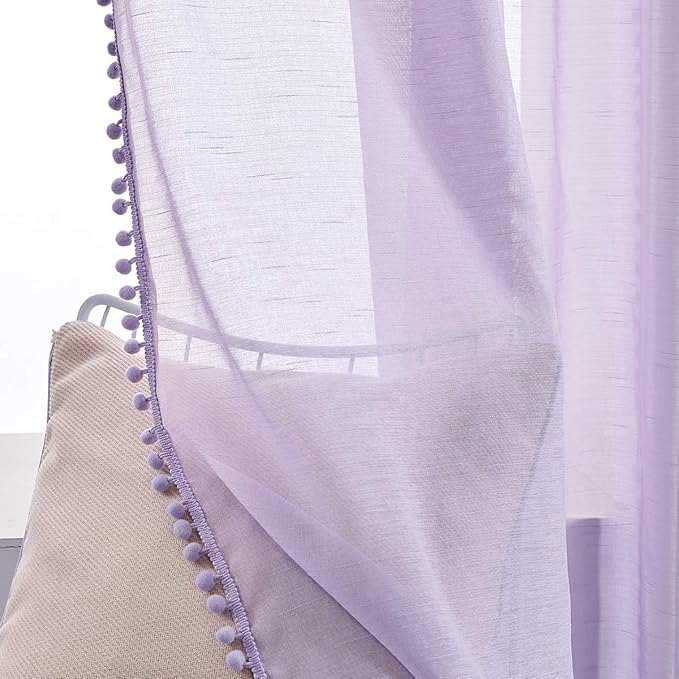 Treatmentex Pompom Sheer Curtain Panels for Living Room Girl's Redroom 52" x 108" Lilac Slub Textured Sheer Window Drapes for Salson Party Ceremony Birthday Décor 2 pcs