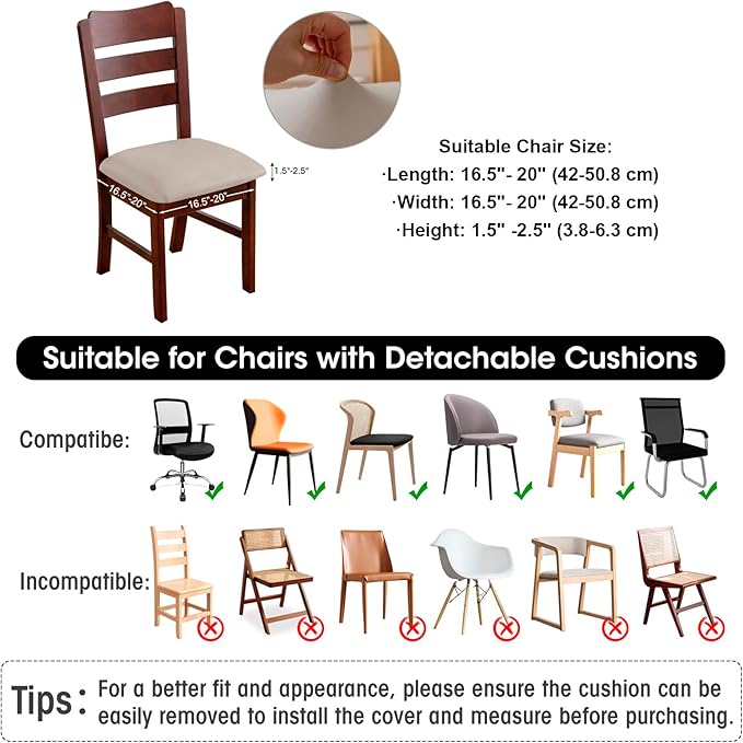 Waterproof PU Leather Seat Covers for Dining Room Chairs Set of 6, Stretch Dining Chair Slipcovers, Kitchen Chair Seat Covers, Non-Slip & Washable (Khaki)
