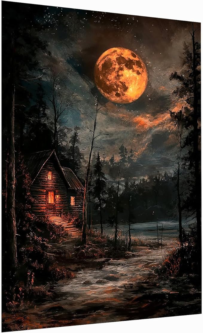 Farmhouse Starry Skies Wall Art,Serene Moonlit Cabin Painting Print,Forest and Stars Art,Towering Pines Poster,Forest Landscapes Painting,Rustic Wooden Hut Decor12x16inch Unframed