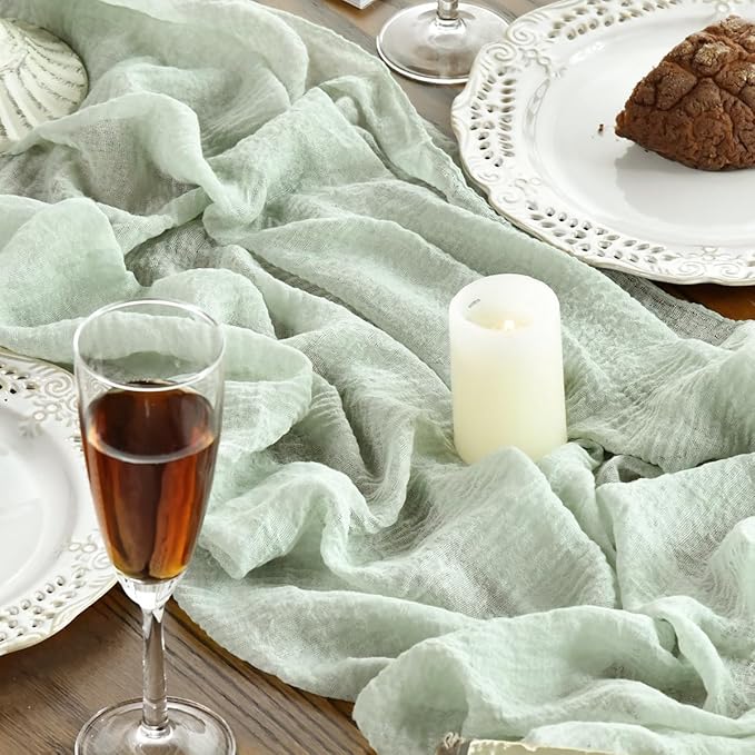 Artoid Mode Boho Cheesecloth Gauze Sage Green Wedding Table Runner, 160 Inch Seasonal Fabric Kitchen Dining Holiday Table Decor for Home Party Indoor