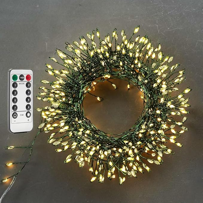 Firecracker Fairy Lights Plug in,10ft 100LEDs Green Wire Cluster String Lights,Waterproof 8 Modes Remote Twinkle Light for Outdoor Indoor Garden Bedroom Christmas Tree Holiday,Warm White