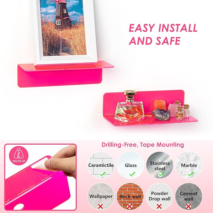 OAPRIRE Acrylic Floating Shelves Set of 2 - Easily Expand Wall Space - Small Wall Shelf with Strong Adhesive for Bedroom, Kids' Room, Bathroom, etc (Fluorescent Pink)