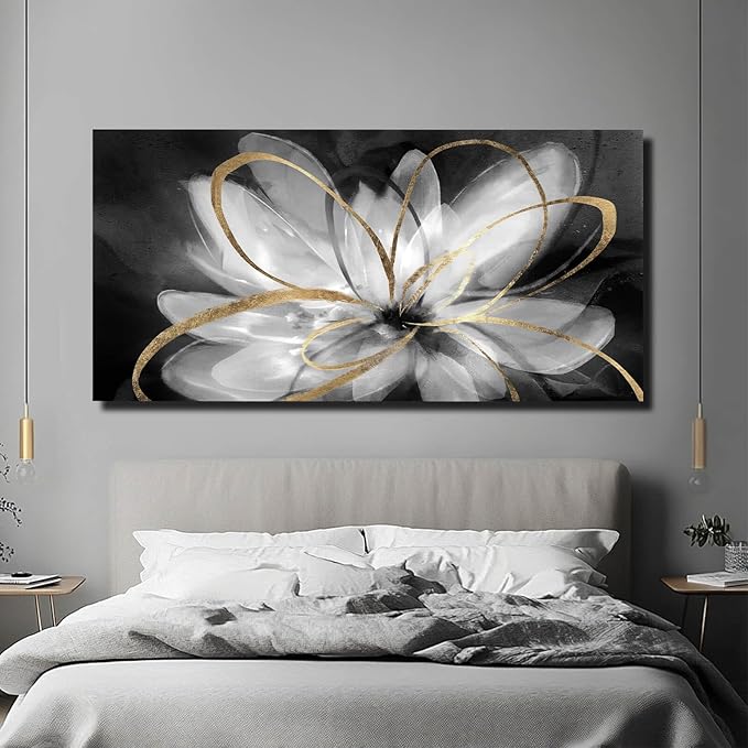 SOUGUAN Flower Large Artwork Gold Wall Decor White Canvas Paintings for Living Room Bedroom Kitchen Office 30"x 60"