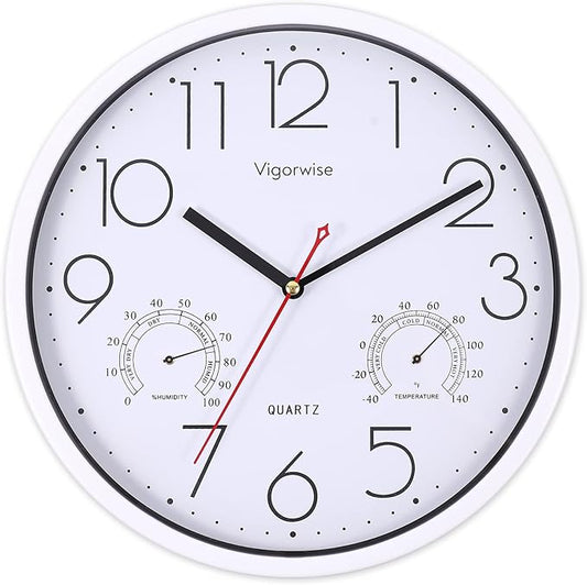 Wall Clock, Sweep Silent Movement Accurate Clocks with Temperature & Humidity, Decorative for Kitchen/Living Room/Bedroom/Office/School/Classroom (White, 12 inch)