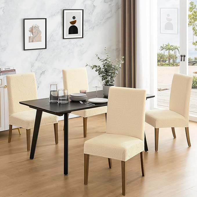 MOSAYT 100% Waterproof Dining Room Chair Covers Set of 6, Super Fit Stretch Jacquard Parson Chairs Slipcovers Removable Washable Chair Seat Protectors for Home, Kitchen, Banquet (Beige)
