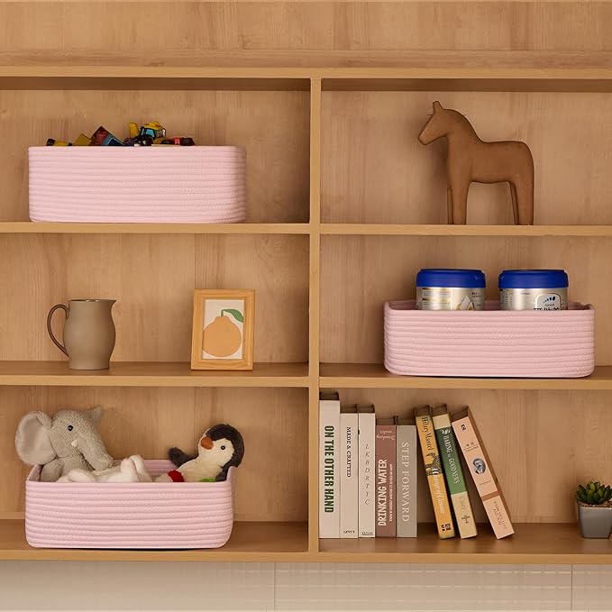 Large Shallow Organizing Baskets 15x11x5.1 Inches - Rope Woven Storage Bins for Bathroom, Shelves, Cube Closet, Light Pink 3 Packs