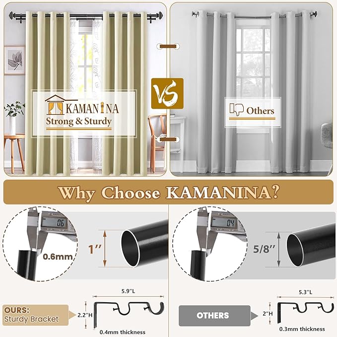 KAMANINA 1 Inch Double Curtain Rod 72 to 144 Inches (6-12 Feet) Telescoping Black Curtain Rods for Windows 69 to 140 Inches, Heavy Duty Drapery Rods with Square Finials