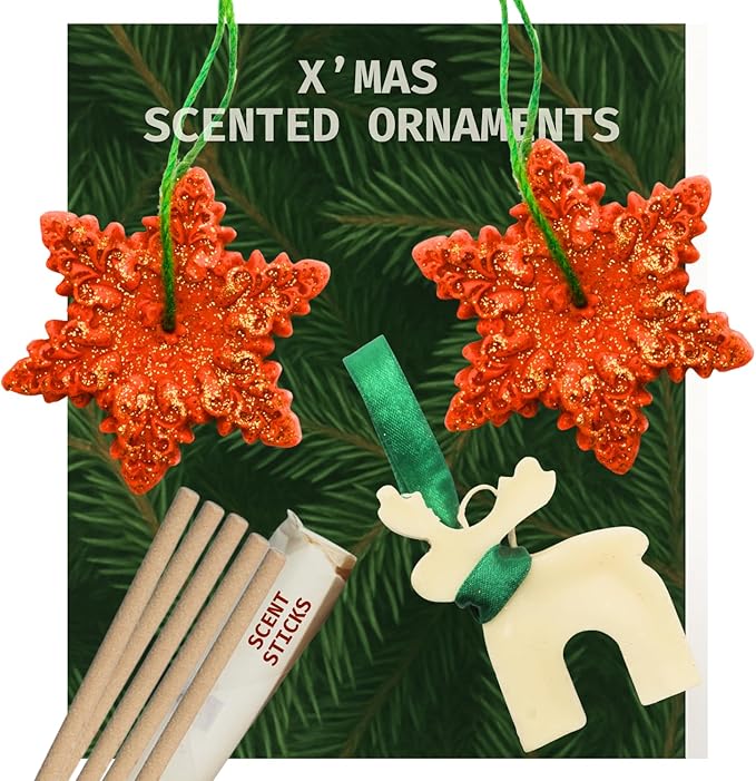 Pine Christmas Tree Scent Sticks - 20 Incense + 3 Wax Melts Ornaments in Xmas Stars & Reindeer Shape (Mulled Wine Aroma) | Scented Christmas Hanging Decorations for Trees