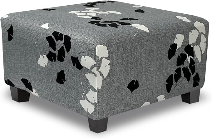 Ottoman Cover Square Slipcovers Printed,Stretch Footrest Stool Cover for Ottoman Square,Soft Foot Stool Cover Protector with Nonslip Elastic Bottom (Medium,Ginkgo Leaves)
