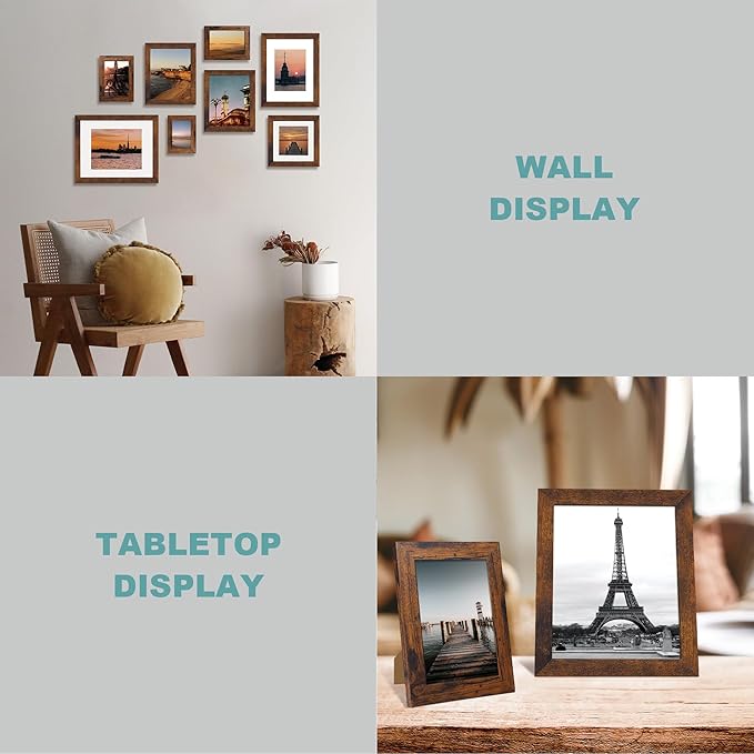 iRahmen 8x12 Picture Frame Set of 4 with High Definition Real Glass, Display 6x8 Pictures with Mat or 8 x 12 Without Mat, Wood Rustic Photo Frames for Tabletop and Wall Mounting