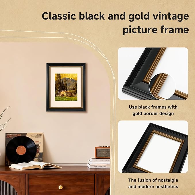 11x14 Black Picture Frame, 11x14 Photo Frame with Real Glass, Antique Picture Frames for Wall or Tabletop Display, Display Poster 8x10 with Mat or 11 x 14 Without Mat for Antique Déco,Black with Gold Trim