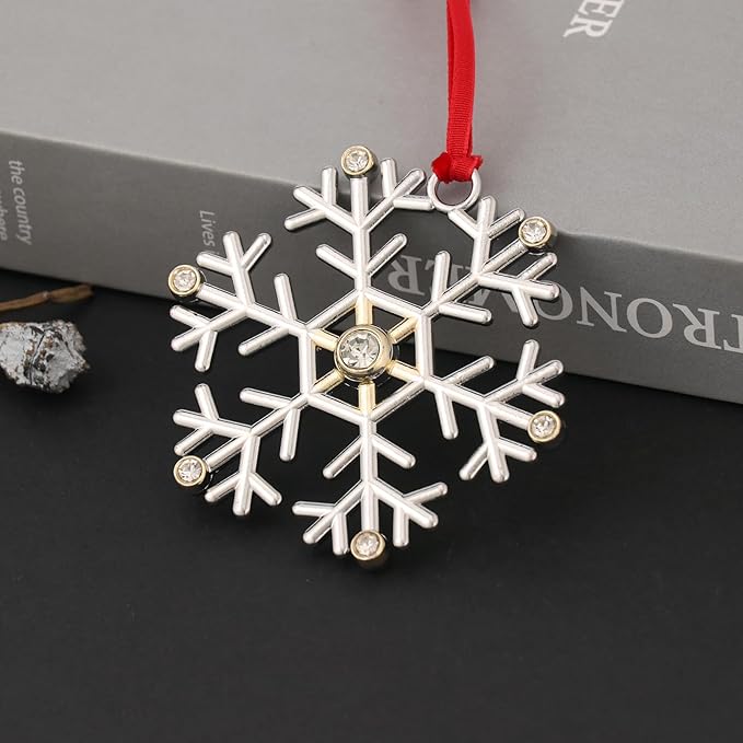 Snowflake Christmas Ornament Set - Silver & Gold Plated Metal Snowflake Ornaments for Christmas Tree - Annual Holiday Keepsake (Style C)