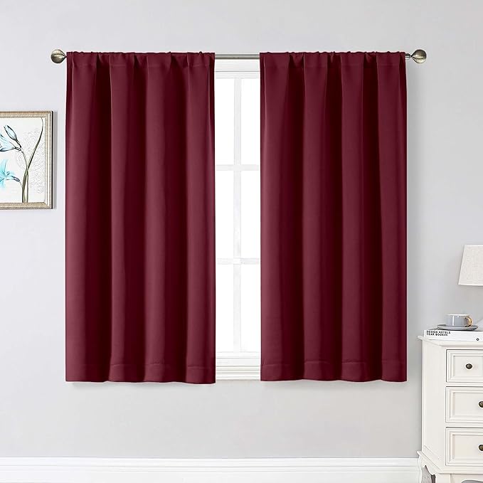 Burgundy Room Darkening Curtains for Bedroom Living Room 45 Inch Length 2 Panels Set, Soft Solid Thermal Insulated Rod Pocket Short Curtains Drapes, Burgundy, 2PCS Each 40" Wx45 L