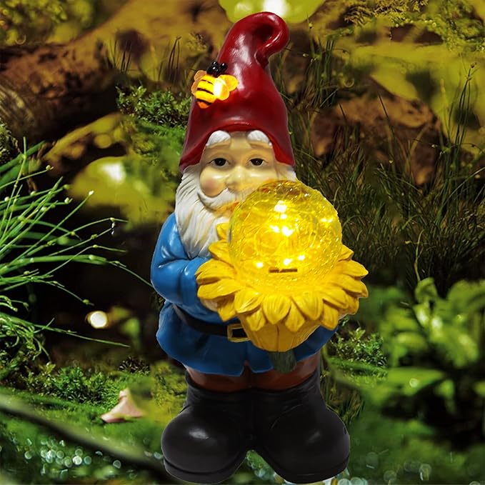 Solar Gnome Waterproof - Large Garden Gnome Funny Solar Outdoor LED Lights Resin Statues Lantern Figurines Xmas Decorations Birthday Housewarming Gifts for Mom Women (Sunflower Gnome(Warm White))