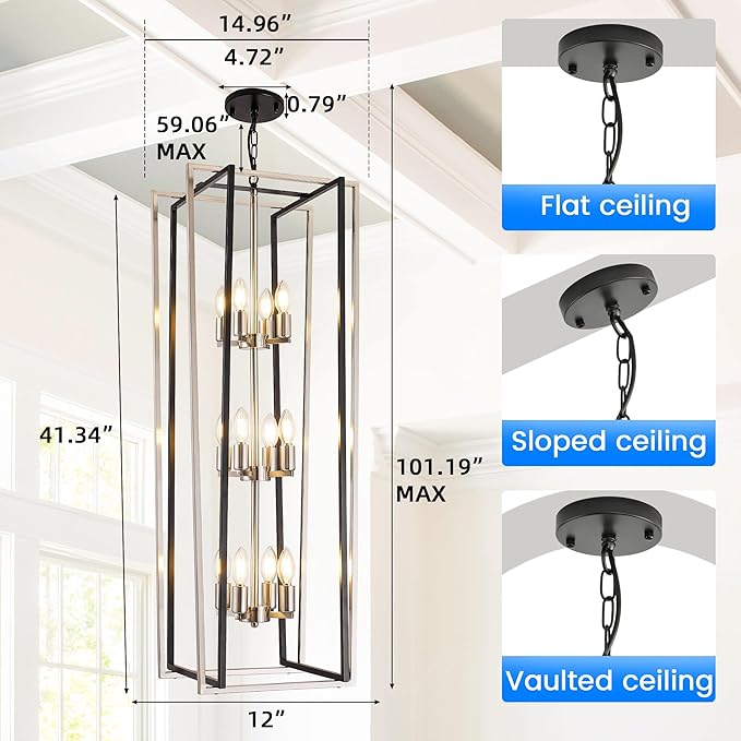 WJShome 12-Light Modern Chandelier, Large Chandeliers for High Ceilings, Farmhouse Foyer Lighting Fixtures, 3 Tier Lantern Pendant Light, Industrial Chandelier for Entryway Staircase, Black & Silver