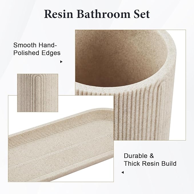 Bathroom Accessories Set - 7-Piece Resin Bathroom Set, Toothbrush Holders Set, Soap Dispenser, Qtip Holder Dispenser, Tumbler, Soap Dish & Tray, Modern Bath Decor for Home Dorm Hotel (Beige)