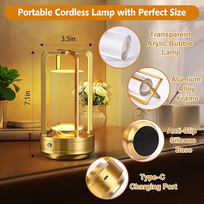 Portable Table Lamp for Outdoor Indoor: Cordless Rechargeable Desk Lamp with 3 Color Stepless Dimmable - Metal Battery Operated Lantern Light for Bedroom/Bar/Coffee Shop/Camping (Gold (2 Pack))