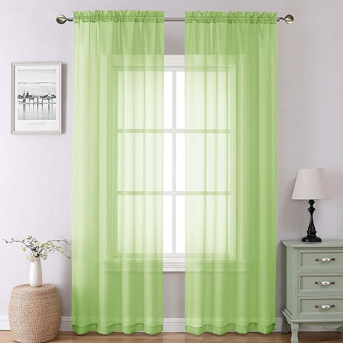 Lecloud Lime Sheer Curtains for Living Room 90 Inches Long 2 Panels, Solid Color Voile Light Filtering Airy Living Room Curtains, Dual Rod Pockets Soft Drapes for Bedroom, Each Panel 42" W x 90" L