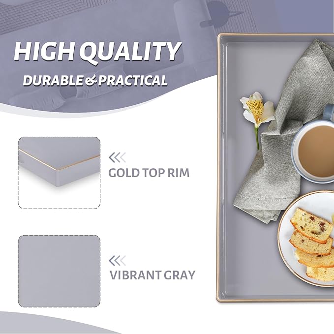 MAONAME Decorative Tray, Gray Serving Tray with Handles, Coffee Table Trays, Square Plastic Trays for Ottoman, Bathroom, Kitchen, 13"x13"x1.57"