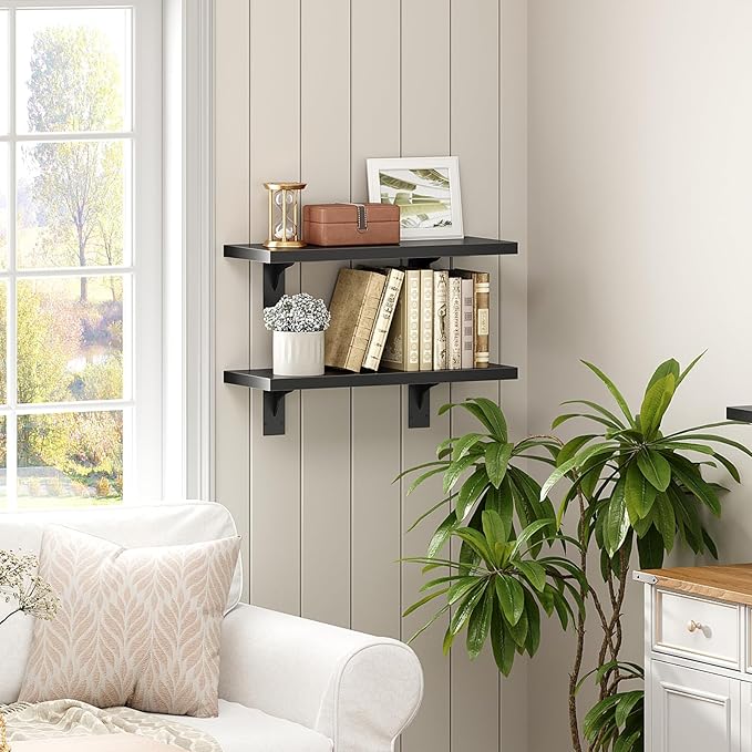 HOOBRO Floating Shelves for Wall, 15.4" Wall Mounted Shelves Set of 2, Hanging Storage Shelf with Metal Brackets, Wooden Shelf for Living Room, Bedroom, Bathroom, Black BK42BJP201G1