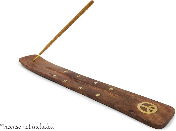 Incense Holder with Peace Sign - Wooden Tray Incense Burner Holder with Brass Inlay - for Incense Sticks, Meditation Accessories, Room Decor - 10 Inches