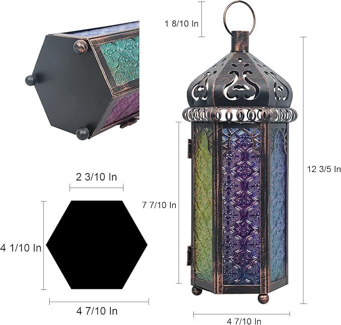 DECORKEY Ramadan Decorations, Candle Lanterns Decorative Indoor & Outdoor, 14.4'' Vintage Moroccan Hanging Lantern with 6 Colors Glass, Metal Candle Holder for Home Front Porch Patio Decor