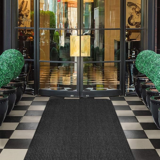 House, Home and More Indoor Outdoor Double-Ribbed Carpet Runner with Skid-Resistant Rubber Backing - Smokey Black - 4 Feet x 10 Feet
