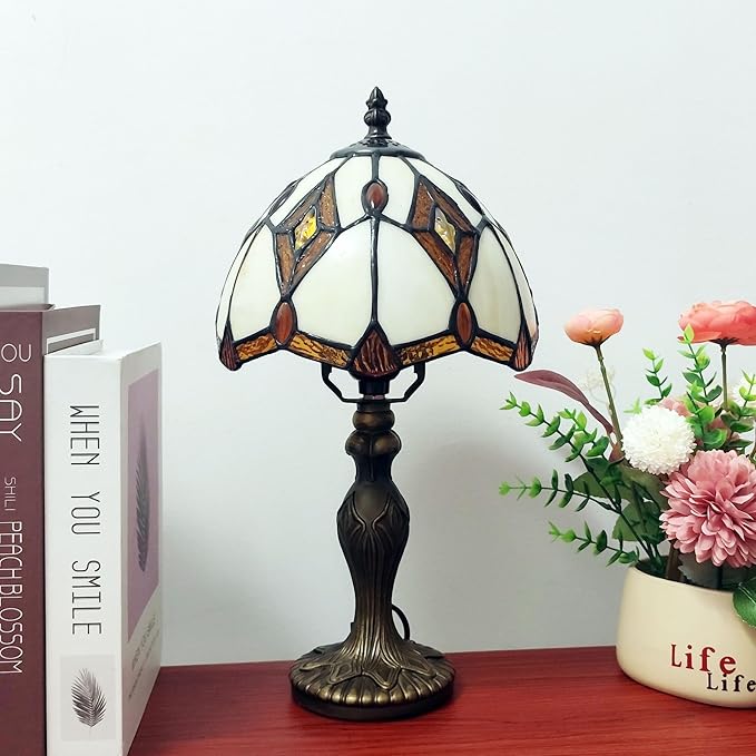 Tiffany Table Lamp Yellow Brown Stained Glass Reading Light 3-Way Small Decorate Lamp for Home Living Room Nightstand Bedroom Office Include Light Bulb