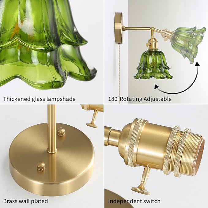 Vintage Plug in Wall Sconces Set of 2, Rose Green Lampshade & 180 Degree Adjustable, Brass Wall Lights, for Bedroom Living Room Hallway Aisle, Bulbs Not Included, ETL Listed