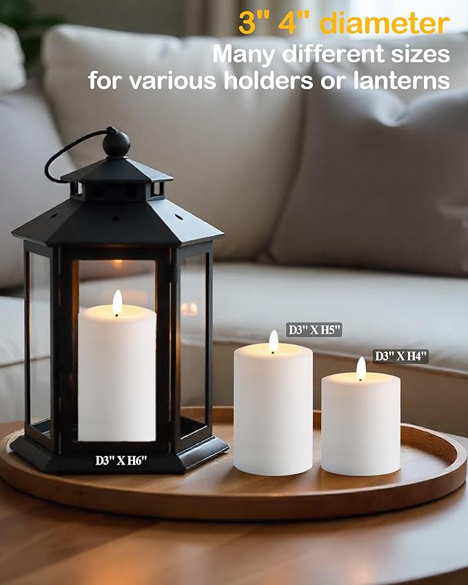 3"x4" Flickering Flameless Candles with Remote Timer, Real Wax, White Pillar Candles, Set of 3 Large LED Battery Operated Candles for Home, Fireplace, Centerpiece, Rustic and Farmhouse Decor