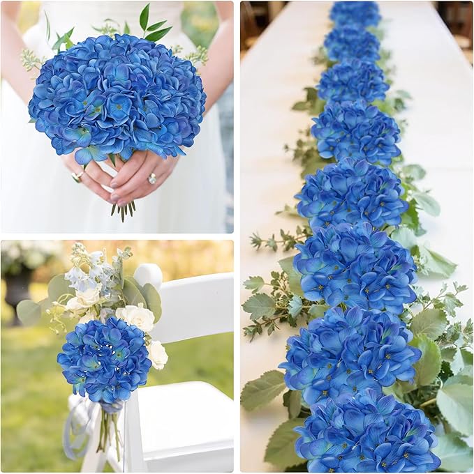 Hollyone 6 Pcs Blue Hydrangea Artificial Flowers Heads with Stems Silk Faux Hydrangea Navy Blue Fake Flowers for Home Indoor Outdoor DIY Floral Wedding Flower Bouquets Kitchen Table Centerpiece Decor