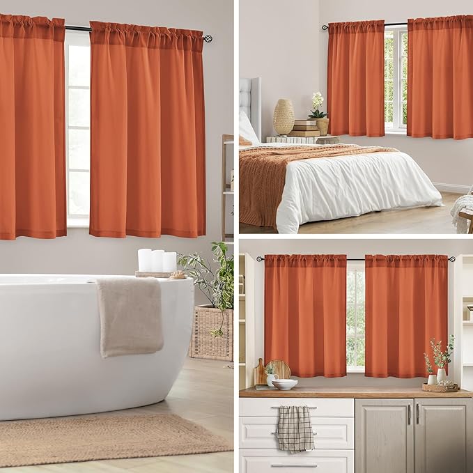 HOMEIDEAS Non-See-Through Fall Burnt Orange Privacy Kitchen Sheer Curtains 24 Inches Long 2 Panels Set Light Filtering Curtains for Living Room Bedroom Drapes,W30xL24