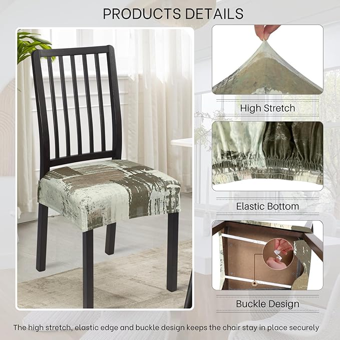 SearchI Stretch Dining Chair Seat Covers Set of 4, Soft Removable Washable Seat Covers for Dining Chairs, Dining Room Seat Cover Protector (Rear-Covered, Stripe Coffee)