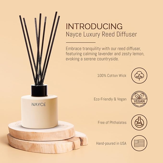 Nayce Luxury Reed Diffuser - Lavender Limoncello - Aromatherapy Essential Oil Diffuser Sticks - Hand-Poured in USA - Reed Diffusers for Home, Bathroom, Bedroom, Office Decor, Housewarming Gifts