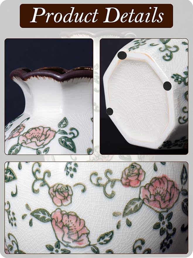 Vintage Ceramic Vase - 9 Inch Hand-Painted Roses with Ice Crackle Glaze Finish, American Farmhouse Style Pitcher Vase for Home Decor, Centerpiece, Shelf, Table, Office, Rustic Wedding Gift