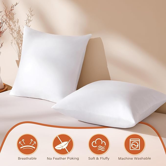 22x22 Pillow Inserts Set of 2, Natural Feather Down Pillows with 100% Cotton Cover, Throw Pillow for Bed, Couch and Sofa.