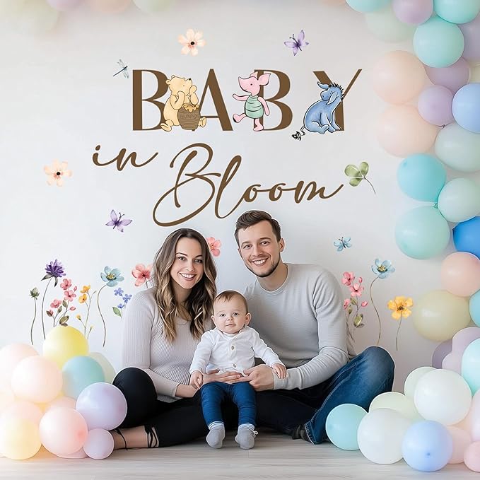 Baby in Bloom Baby Shower Sign, Winnie Wall Decals Stickers, Welcome Stickers Decoration for Arch Backdrop, Gender Reveal Winnie Decor for Nursery Home Wall