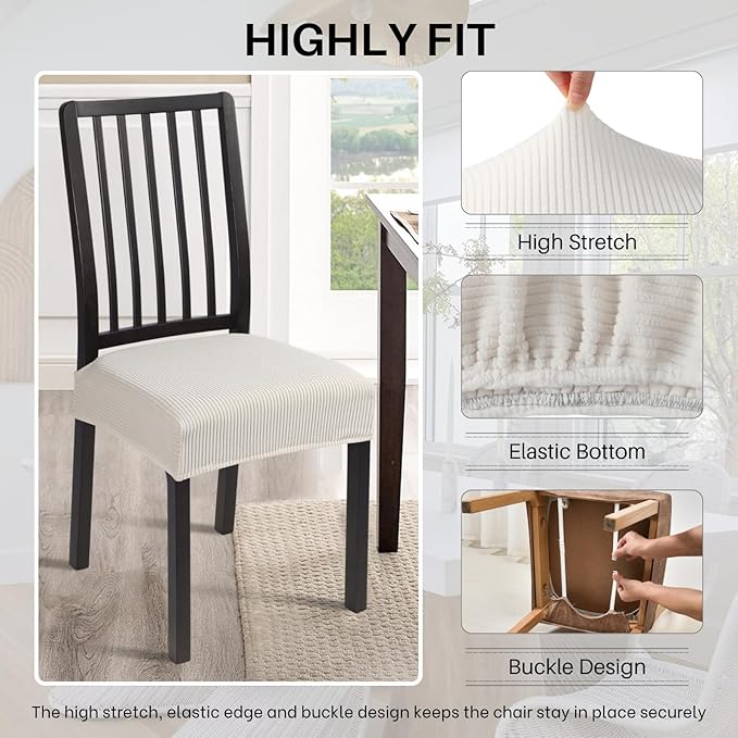 SearchI Stretch Dining Chair Seat Covers Set of 6, Soft Removable Washable Seat Cover for Dining Chairs, Dining Room Chair Cover Protector (Rear-Covered, Cream Stripe)