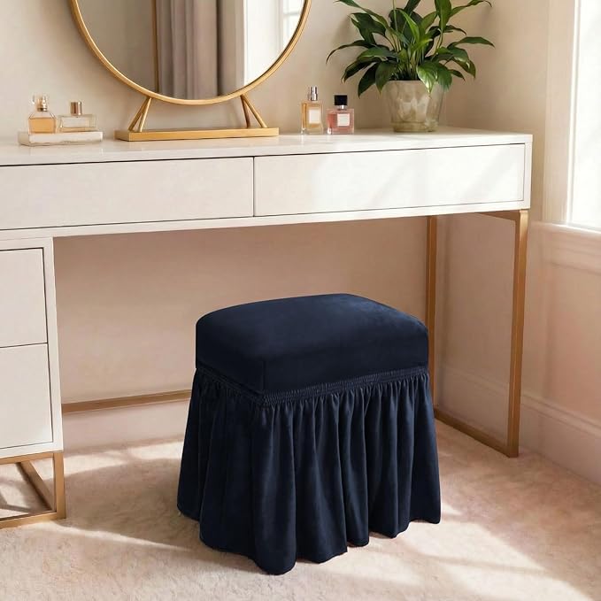 NICEEC Spandex Stretch Vanity Bench Cover with Skirt Removable Super Soft Rectangle Bench Slipcover Washable Bench Cushion Seat Covers for Living Room Bedroom Kitchen(NavyBlue)