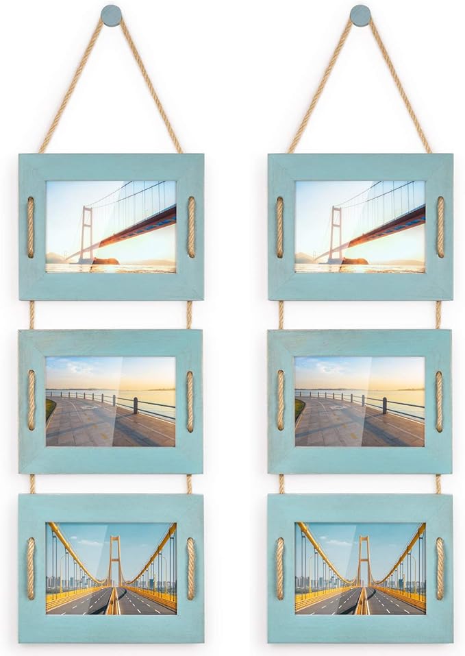 DLQuarts 5x7 Hanging Picture Frames Collage Wall Decor, Photo Frames 5x7 Without Mat & 3.5x5 with Mat, Rustic Wood 3-Frame, Ocean Blue, 2-Pack