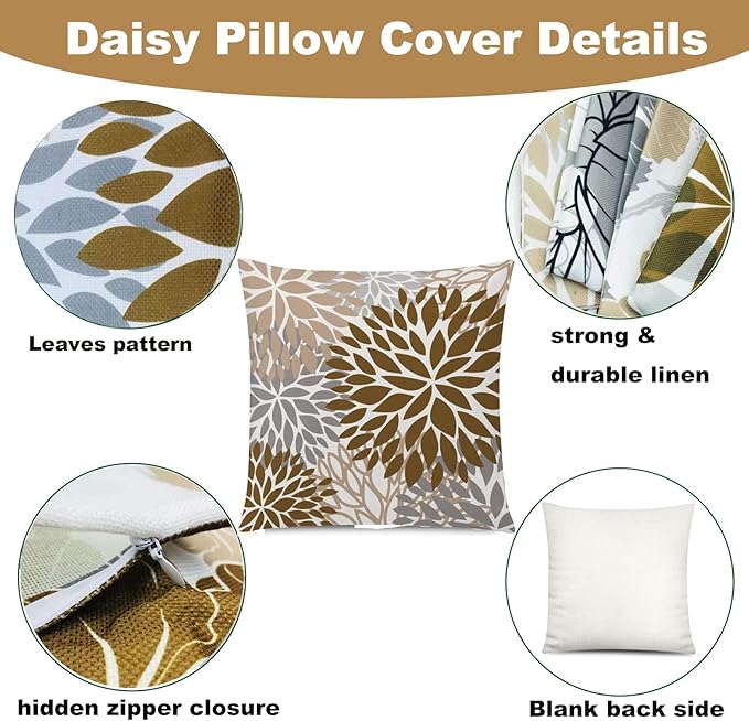 COMMINY Brown Grey Pillow Covers 16x16 Set of 6 Decorative Daisy Flower Throw Pillow Cover for Couch Modern Farmhouse Cushion Cover for Sofa Patio Bed Living Room Home Decor