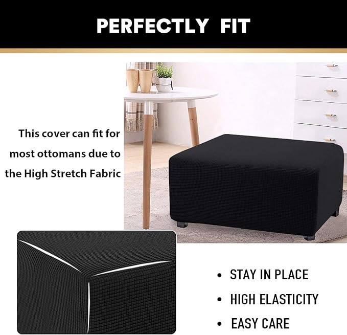 PrinceDeco Stretch Ottoman Cover Ottoman Slipcovers Rectangle for Living Room Foot Stool Stretch Covers to Fit Ottoman Foot Rest, Thick Checked Jacquard Fabric with Elastic Bottom (Large Size, Black)