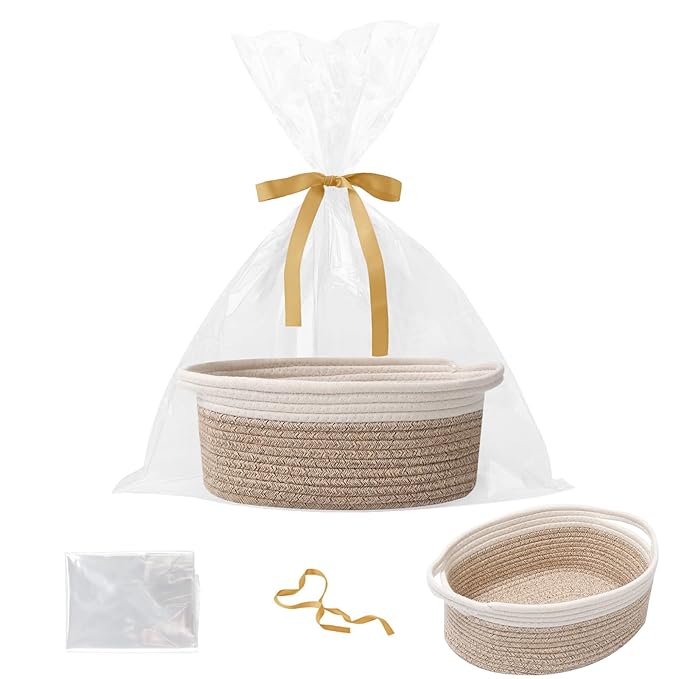 Small Woven Rope Basket-Empty Gifts Basket with Bag and Ribbons,Cute Handle Organizer Box for Birthday/Baby Shower, Toy Storage, Nursery Organizing & Shelf Decor(White&Mixed Brown)