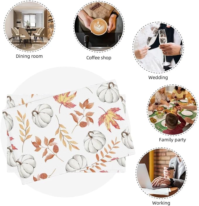 Autumn Pumpkin Placemats, Watercolor Fall Maple Leaves Pumpkins Harvest Thanksgiving Table Mats for Home Kitchen Dining Table Party Decor, 4PCS