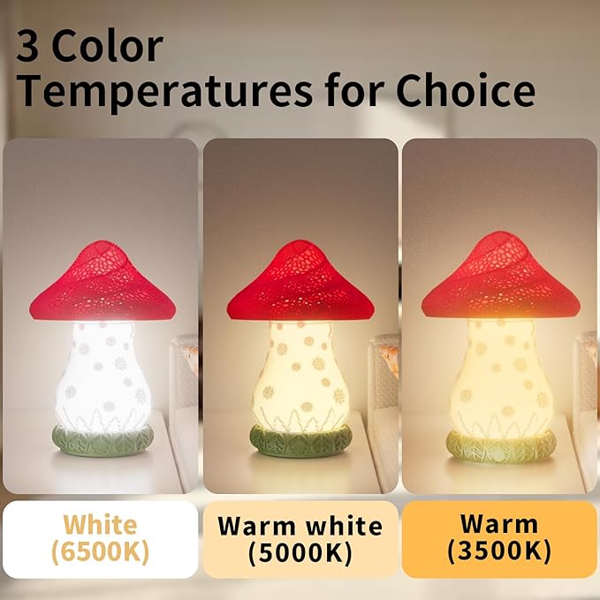 Table Lamp for Bedroom - USB C Charging Mushroom Lamp with 360° Rotating Lampshade, Touch Control 3 Color Temperatures Nightstand Lamp for Dinning Room, Living Romm, Dorm