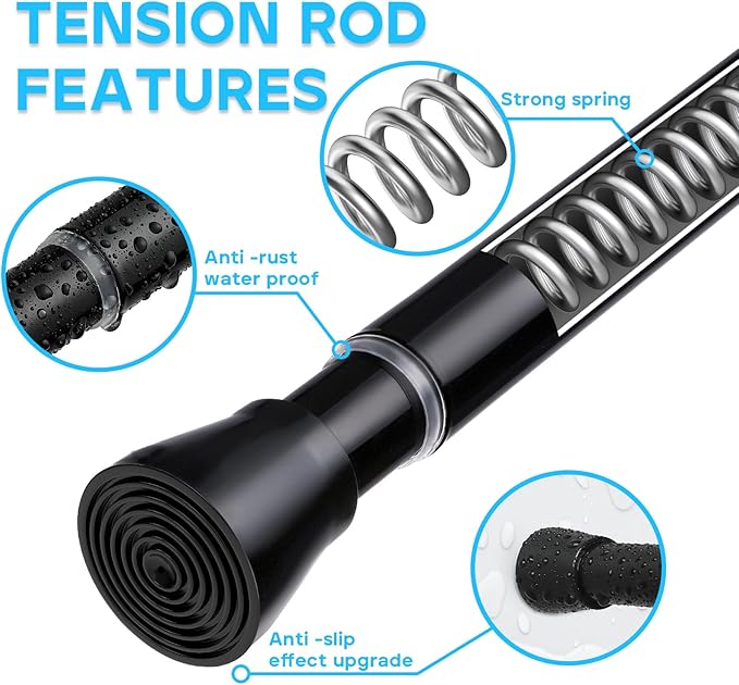 2 Pack Black Shower Curtain Rod 43 To 73 Inch Tension Shower Rod For Bathroom 7/8" Adjustable Spring Curtain Rod No Drilling Black Spring Rod Tension Curtain Rods for Windows Doorway Closet