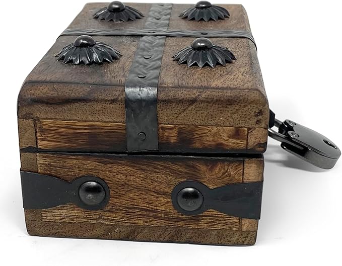 Nautical Cove Treasure Chest Wooden Box with Antique Iron Lock and Skeleton Key (X-Small 5 x 3 x 2) - Storage and Decor – Pirate Wooden Treasure Chest, Decorative Box with Hinged Lid,