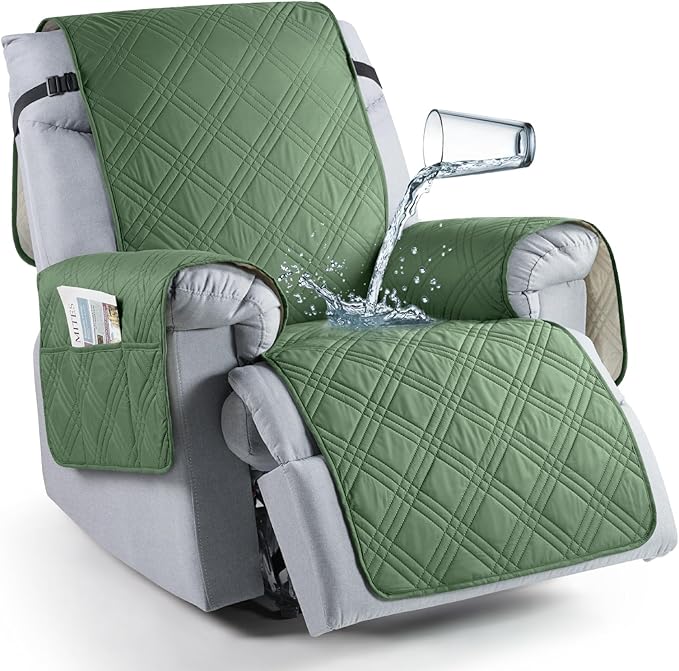 TAOCOCO Waterproof Recliner Chair Covers 30 Inch Wide, Oversized Recliner Covers for Recliner Chair with Pocket, Recliner Slipcovers with Straps Furniture Protector for Kids Pets (30'', Vine Green)