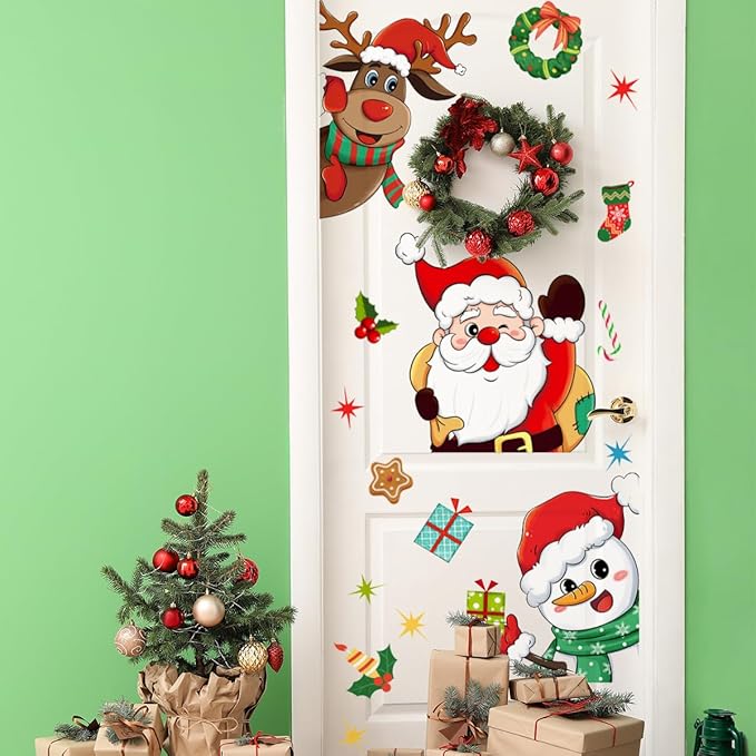 Christmas Door Decals Santa Claus Snowman Reindeer Door Stickers Cute Christmas Decals for Xmas Winter Holiday Living Room Bedroom Decorations